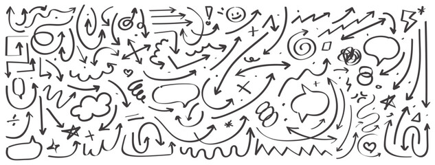 Set of hand drawn arrow and design element vector icons, Black arrow signs and symbol isolated on white background. Vector illustration.