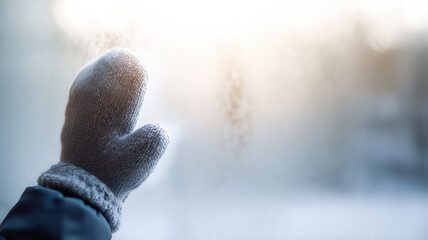 Person wearing winter glove touching frosted glass window, cold weather, winter, frost, outdoor scene, snow, icy, chill, cold climate, snowflake