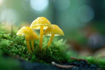 A cluster of delicate yellow mushrooms sprout from a mossy log in a soft, dreamy forest landscape.