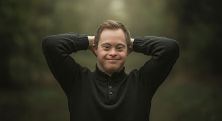 Young man with down syndrome smiling outdoors in nature, relaxed pose, arms behind head, emphasizing positivity, confidence, and natural beauty in a calm, green setting