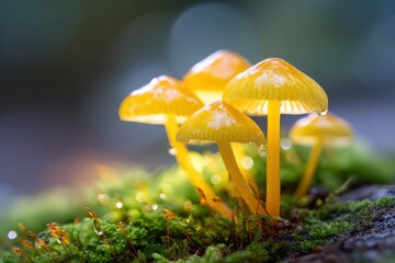 A cluster of bright yellow mushrooms glows amongst dewy moss in a dreamy, close-up, macro shot of