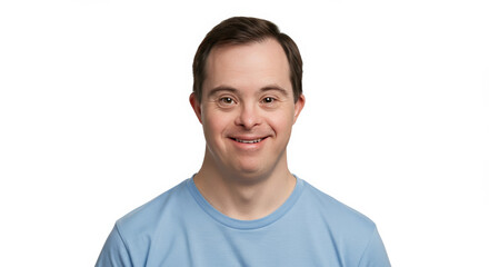 Happy young man with down syndrome smiling confidently against pure white background, joyful expression, showcasing positivity, self-acceptance, and authenticity, close-up portrait