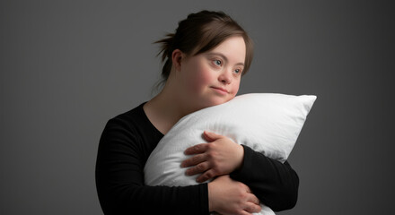 Young girl with down syndrome hugging pillow, dreamy expression, reflective mood, cozy indoor setting, emphasizing comfort, innocence, and emotional warmth in soft lighting