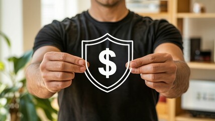 Man holding shield with dollar sign money
