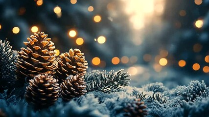Festive pine cones and spruce branches with twinkling christmas lights background - Powered by Adobe