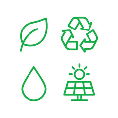 Sustainable Energy and Eco-Friendly Icons Wind Turbine, Solar Panel, Water Drop, Plant, and Recycle Leaf