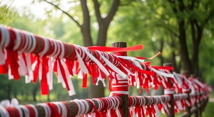 Red and White Ribbon Decorations Tied to Wooden Post in Green Park