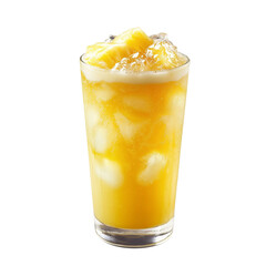 Refreshing glass of pineapple juice filled with ice cubes and topped with pineapple chunks, perfect for tropical treat