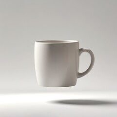 Obraz premium A ceramic coffee mug levitating in mid-air against a seamless white background, shot with soft diffused studio lighting from both sides, with subtle shadow beneath to add realism.