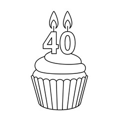 40th birthday cupcake with whipped cream and number 40 candle, isolated vector illustration on white or transparent background