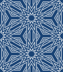 Seamless repeating pattern with an ethnic grid of outlined white stars on a blue background. Thin lines. Modern style. Abstract geometric design. Vector illustration.
