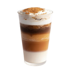Delicious iced coffee drink with layers of milk, espresso, and foam topped with sprinkle of cinnamon, creating visually appealing and refreshing beverage