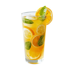 Refreshing glass of iced citrus drink with lemon and orange slices, garnished with fresh mint leaves, perfect for summer day