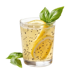 Refreshing glass of lemon basil seed drink with lemon slices and fresh basil leaves, perfect for summer day. drink is light and invigorating, offering delightful blend of citrus and herbal flavors