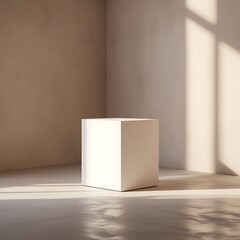 Professional, high-contrast photograph of a minimalist studio corner setup, bathed in soft, warm daylight, featuring a sleek, white cube pedestal situated in the center, casting a subtle shadow.