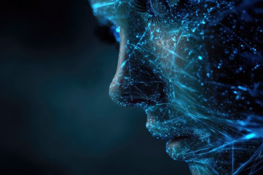glowing neural network interface over digital human face, AI technology concept, blue cyber lighting