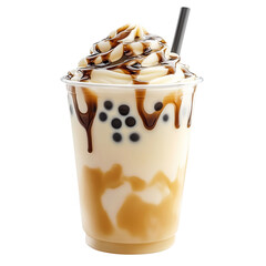 Creamy bubble tea with tapioca pearls and caramel drizzle in clear plastic cup, topped with whipped cream and straw. drink is visually appealing and indulgent, on transparent background