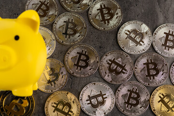 Yellow Piggy Bank with Bitcoin Coins on Gray Background