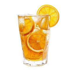 Refreshing glass of iced tea with orange slices and ice cubes, garnished with vibrant orange slice on rim, creating thirst quenching and citrusy beverage, on transparent background
