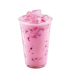 Refreshing pink iced drink in clear plastic cup, filled with ice cubes, offering sweet and creamy appearance. Perfect for cool treat on warm day, on transparent background