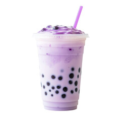 Refreshing purple bubble tea with tapioca pearls in clear plastic cup and purple straw, showcasing vibrant and inviting appearance, on transparent background