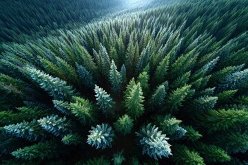 Aerial view showcases a dense forest of evergreen trees, with delicate frost subtly accentuating