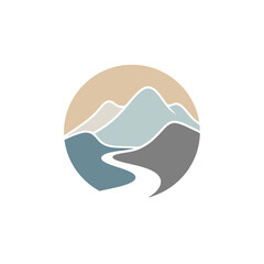 Scenic mountain range with a winding river evokes nature and adventure in a minimalist circular design ideal for branding and logos.	