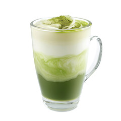 Glass mug filled with layered matcha latte, featuring vibrant green matcha at bottom, creamy milk in middle, and frothy top dusted with matcha powder. drink appears refreshing and inviting