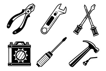 Pliers, wrench, screwdrivers, hammer, and oil canister isolated on white