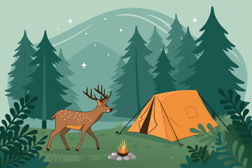 Naklejka premium Create a vector illustration of a peaceful wildlife encounter at a campsite a deer calmly walking past a tent. Focus on realistic detail and serene atmosphere.