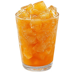 Refreshing glass of iced orange juice filled with large ice cubes, creating cool and invigorating drink perfect for hot day. vibrant orange color enhances its appeal, on transparent  background