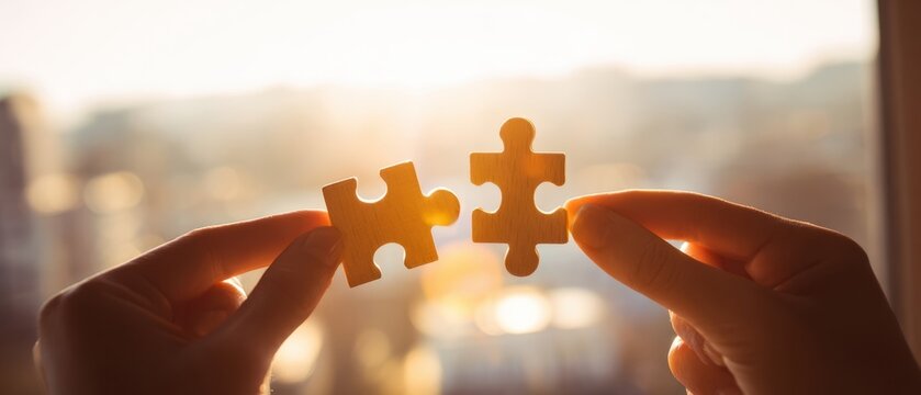 The hands connecting puzzle pieces in warm evening sunlight. - Powered by Adobe