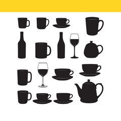 Silhouette Collection Cups, Mugs, Teapots, Wine Glasses, and Bottles - Vector Illustrations