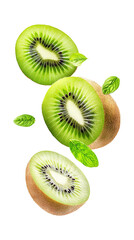 Fototapeta premium Flying sliced kiwi fruit isolated on transparent white background, clipping path
