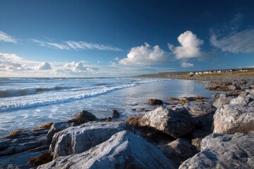 Gentle ocean waves meet a rocky shoreline under a vibrant blue sky with scattered clouds.