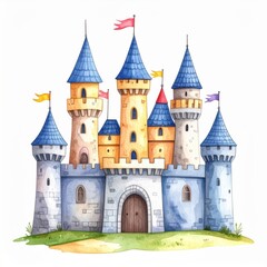 Fototapeta premium Watercolor Painting Of Fairytale Castle With Blue Roof