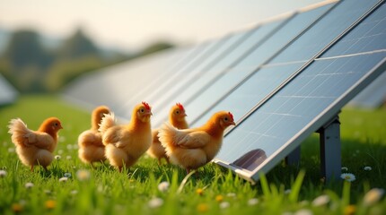 Orange chickens near a solar panel in a field. Solar panels are installed on a farm with chickens grazing near them.