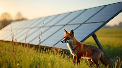 Red fox in the field near solar panels in the evening. Picturesque photo of solar panels and fox in the evening. A fox walks past a solar farm.