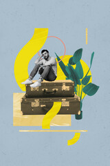 Pop image sketch 3d trendy collage of happy girl guy hold phone laptop booking travel tickets peek...