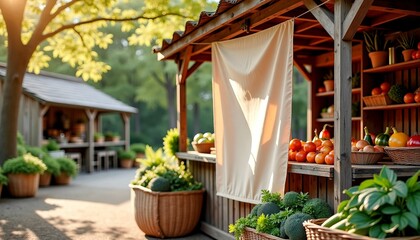 Obraz premium Charming outdoor market stall with fresh produce and vegetables surrounded by greenery
