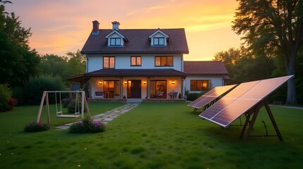 Solar panels stand in the yard of a private house. Large territory of a two-story house, in the yard swings, flowers and solar panels. Evening photo during sunset.