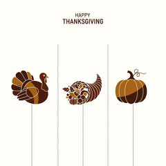Minimalist Brown Cream Illustrations Thanksgiving Symbols Turkey Cornucopia Pumpkin Plain Light Background Happy Thanksgiving Vertical Arrangement
