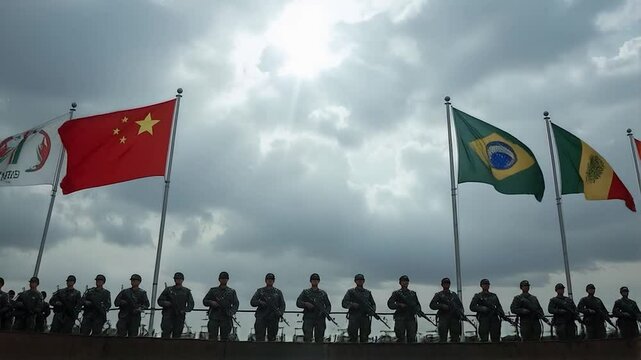 Dramatic Military Display of BRICS Nations with Soldiers and Tanks Under Stormy Sky in 4K V-Formation Scene

