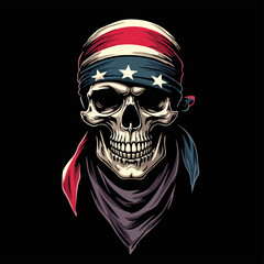 Biker vector t-shirt design with human skull
with usa flag bandana on black background.
Fashionable american print for fabric, paper, men clothing,
hoodie, jacket. T shirt template.