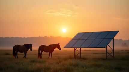 Large solar panel on stands in a field, two nester horses grazing nearby. Beautiful evening haze in the field with silhouettes of solar panels and horses.