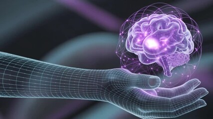 Holographic human brain floats above wireframe hand representing technology - Powered by Adobe