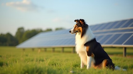 Dog with white chest, black and brown spots in coloring sits in a field on background of solar panels. Solar farm in a field, a dog sitting next to it.