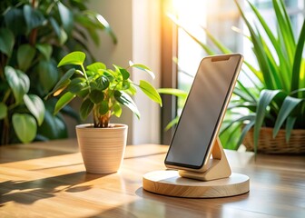 A mobile phone stands on a wooden desk next to potted plants, bathed in warm sunlight from a nearby window
