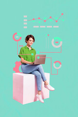 Vertical pop poster banner collage of happy businessman businesswoman stand megaphone graph diagram...
