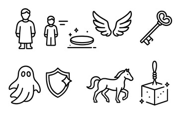 Fantasy outline icon set. wings, ghosts, keys, shields, horses, and more